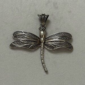 Vintage Vivah 925 Sterling Silver Filigree Dragonfly Statement Necklace Pendant